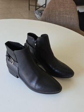 BareTraps Black Leather Ankle Booties with Side Zip & Buckle